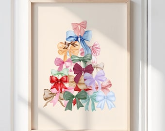 Bow Christmas Tree Art Print: Colourful Holiday Decor