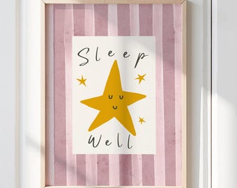 Sleep Well Star Nursery Print, Pink Striped Girls Room Art, Baby Girl Nursery Poster