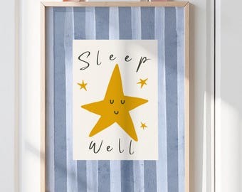 Sleep Well Star Nursery Print, Blue Striped Boys Room Art