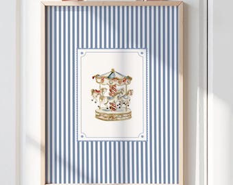 Merry go round Vintage style nostalgic blue Wall Art Print, Fun Child's Room Decor, Nursery posters
