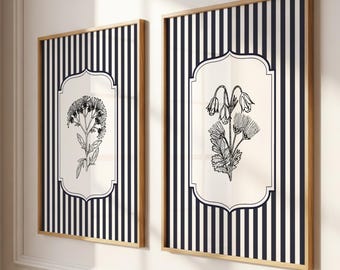 Navy Blue Striped Vintage Minimalist Flower Floral Wall Art Prints Set of 2: Cottage Style Botanical Decor