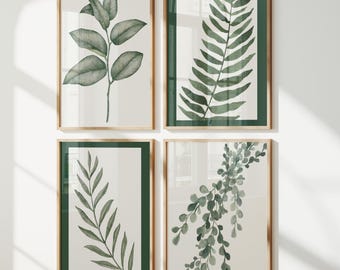 Green Botanical Leaves Wall Art Prints Set of 4 Dark Green Home Decor