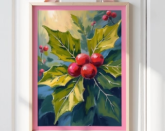 Holly Christmas Wall Art: Oil Painting Style Holiday Print