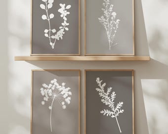 Beige and Grey Minimalist Floral Wall Art Prints Set of 4 Botanical Home Decor