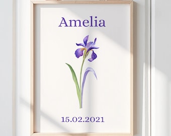 February Birth Flower Personalised Wall Art Print, Iris Birth Flower Print, Nursery Decor, Newborn Gifts