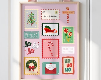 Pink Christmas Stamp Wall Art Print: Festive Holiday Collage