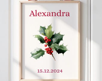 December Birth Flower Personalised Wall Art Print, Holly Berry Birth Flower Print, Nursery Decor, Newborn Gifts