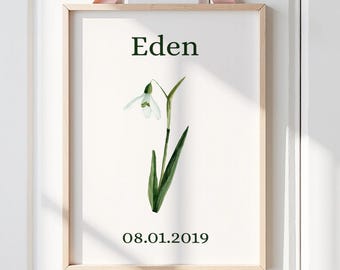 January Birth Flower Personalised Wall Art Print, Snowdrop Birth Flower Print, Nursery Decor, Newborn Gifts