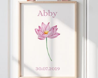 July Birth Flower Personalised Wall Art Print, Waterlily Birth Flower Print, Nursery Decor, Newborn Gifts