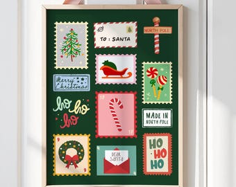 Christmas Stamp Collage Art Print: Festive Holiday Wall Decor