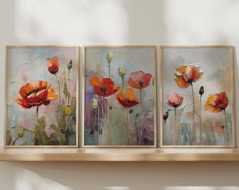Poppy Floral Wall Art Prints Set of 3: Cottage Style Dried Flowers, Poppy Flower Decor