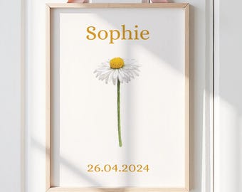 April Birth Flower Personalised Wall Art Print, Daisy Birth Flower Print, Nursery Decor, Newborn Gifts