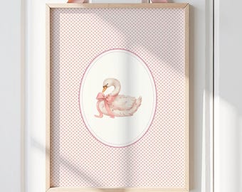 Vintage Swan Print: Pink Polka Dot Nursery Wall Art