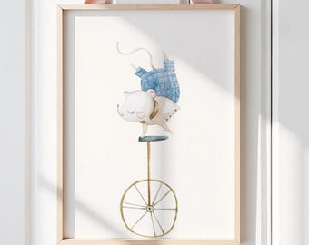 Vintage Nursery Mouse on a Unicycle Wall Art Print, Fun Cute Child's Room Decor