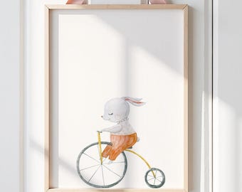 Vintage Nursery Bunny Rabbit on a bicycle Wall Art Print, Fun Cute Child's Room Decor