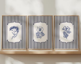 Navy Blue Vintage Striped Wall Art Prints Set of 3: Farmhouse Style Flowers Art, Striped Decor