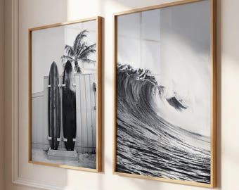 Surfing Coastal Ocean Black and White Prints, Set of 2: Beach Ocean Wall Art