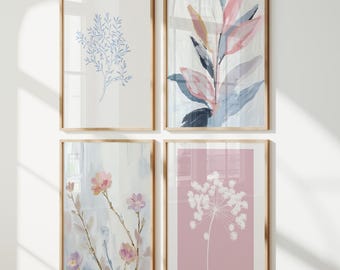 Pink and Blue Floral Wall Art Prints Set of 4 Botanical Home Decor