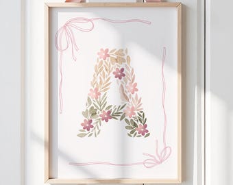 Initial floral nursery print, vintage style pink floral initial wall art for child's bedroom