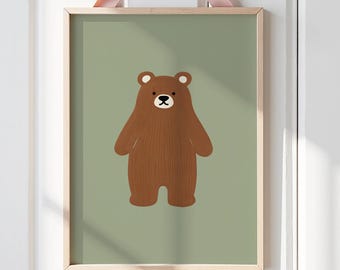 Brown Bear Nursery Print: Green Baby Room Wall Art