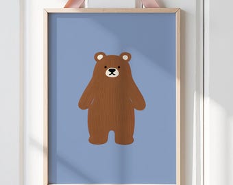 Brown Bear Nursery Print: Blue Baby Boy Room Wall Art