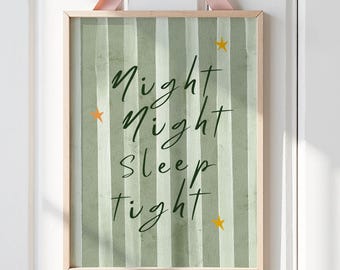 Night Night Nursery Print, Green Striped Bedroom Wall Art
