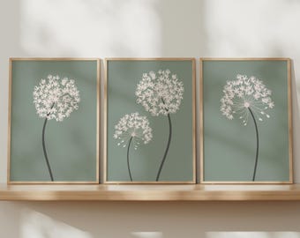Sage Green Allium Flower Wall Art Prints Set of 3: Botanical Prints, Green Decor