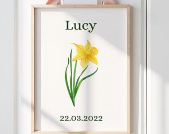 March Birth Flower Personalised Wall Art Print, Daffodil Birth Flower Print, Nursery Decor, Newborn Gifts