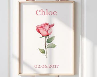 June Birth Flower Personalised Wall Art Print, Rose Birth Flower Print, Nursery Decor, Newborn Gifts