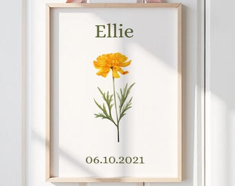October Birth Flower Personalised Wall Art Print, Marigold Birth Flower Print, Nursery Decor, Newborn Gifts