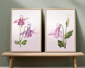 Pink Bell Flower Wall Art Prints Set of 2: Botanical Prints, Floral Home Decor