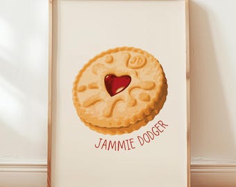 Jammie Dodger Biscuit Wall Art Print, Kitchen wall art, Biscuit decor, Jam love heart print