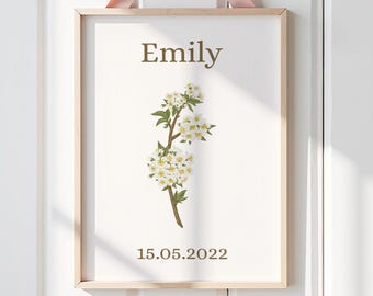 May Birth Flower Personalised Wall Art Print, Hawthorn Birth Flower Print, Nursery Decor, Newborn Gifts
