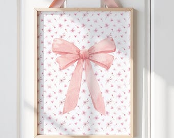 Pink Bow Floral Print: Vintage Nursery, Girl's Room Art