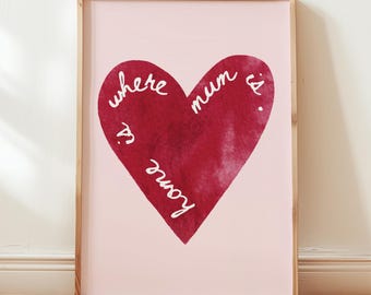Home is where Mum is Mother's Day Wall Art Print, Gift for Mum, Mother's Day Gift, Floral Wall Decor, Love heart wall art