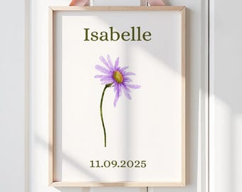 September Birth Flower Personalised Wall Art Print, Aster Birth Flower Print, Nursery Decor, Newborn Gifts