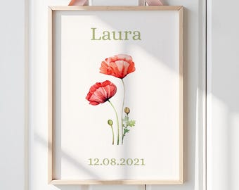 August Birth Flower Personalised Wall Art Print, Poppy Birth Flower Print, Nursery Decor, Newborn Gifts
