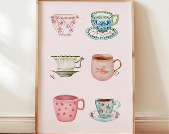 Teacups Wall Art Print, Cottage style decor, Kitchen wall art, Tea lover gift, Dusty pink decor, Coffee Nook print