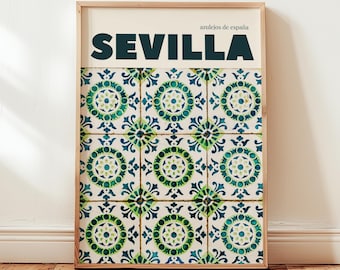 Seville Spain Tile Wall Art Print: Green Spanish Azulejos, European Decor, Spain travel poster