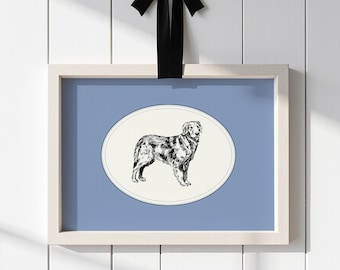 Vintage Golden Retriever Art Print: Antique Dog Illustration, Blue Wall Decor