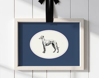 Vintage Greyhound Art Print: Navy Blue Antique Dog Illustration