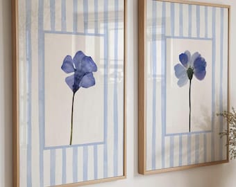 Blue Striped Dried Flower Floral Wall Art Prints Set of 2: Cottage Style Botanical Decor