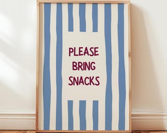 Please Bring Snacks Wall Art, Fun Quote Print, Burgundy and Blue Striped Decor