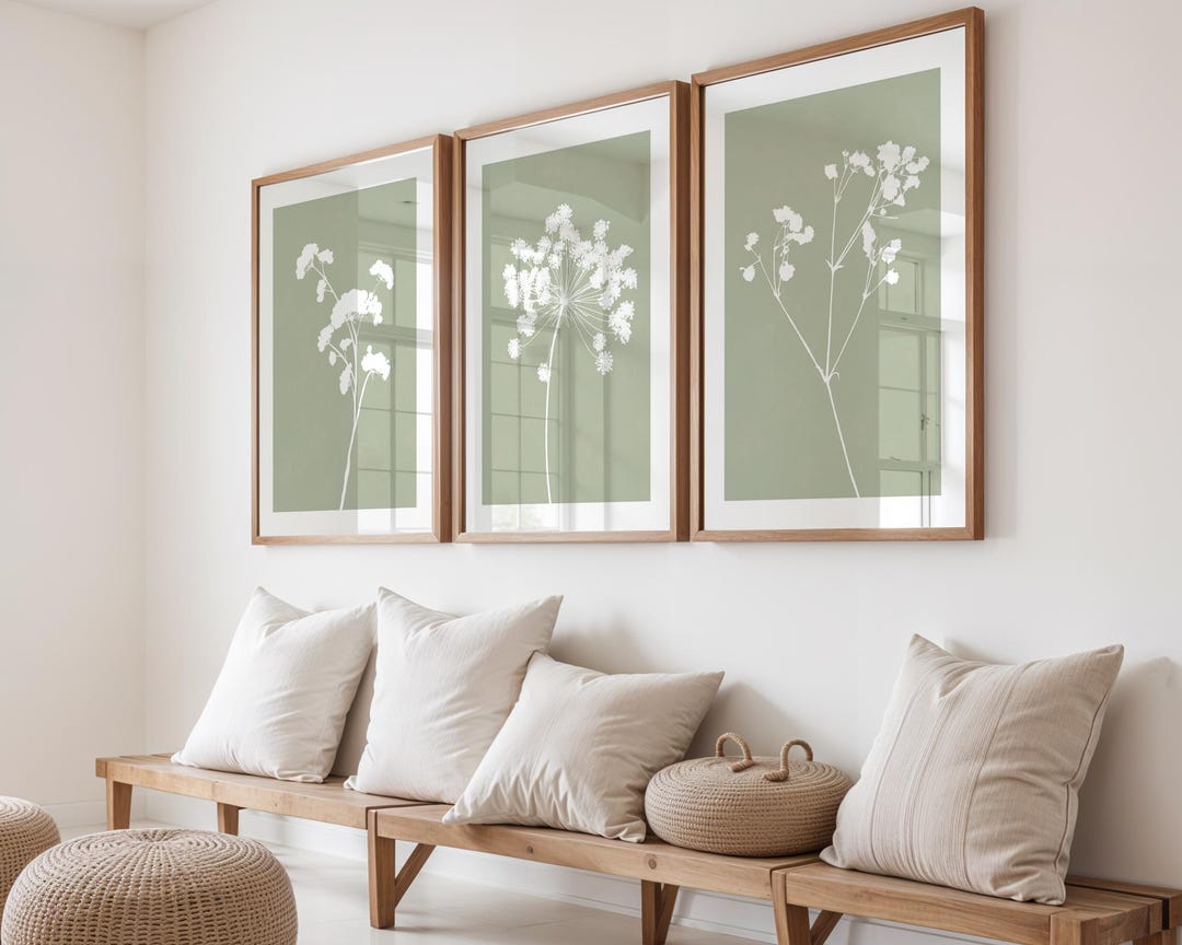 Sage Green Botanical Floral Wall Art Prints, Set of 3: Cottage Style ...