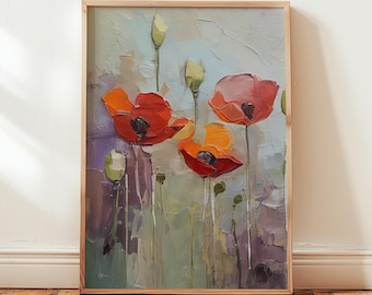Red Poppies Floral Print: Vintage Oil Painting Style Wall Art