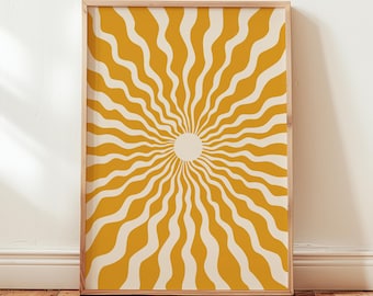 Boho sun wall art framed print calming nature decor yellow retro prints