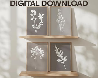 Grey Minimalist Floral Wall Art Prints Digital Download Set of 4 Botanical Home Decor