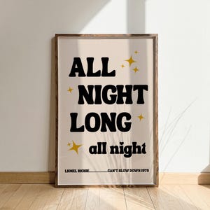 Stampa del testo di All Night Long, stampe musicali di Lionel Richie, stampe di testi, poster retrò, arte murale musicale, poster musicali, musica famosa degli anni '70