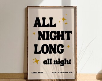 All night long lyrics print, Lionel Richie Music Prints, Lyrics Prints, Retro Posters, Music Wall Art, Musical Posters, 70s famous music