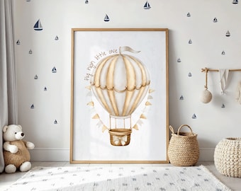 Fly high little one hot air balloon nursery wall art beige and white digital print cute wall art with quotes